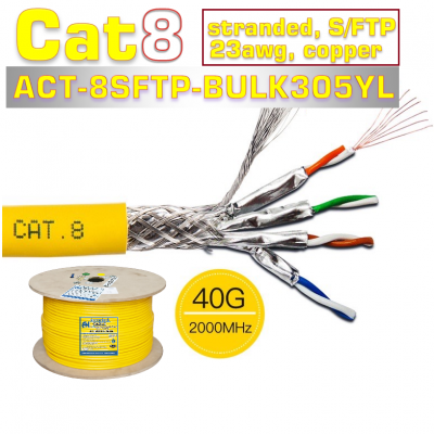 Dây Cáp CAT8 SFTP Dạng Xoắn 23AWG tốc độ 40G 2000MHz Hỗ Trợ PoE, ACT-8SFTP- BULK305YL